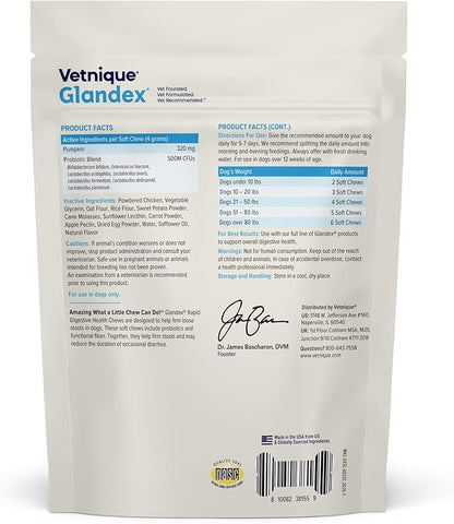 Vetnique Glandex Rapid Digestive Support for Dogs with Loose Stool | Diarrhea - Probiotics and Pumpkin for Dogs to Help Firm Dog Poop - 25 Chicken Flavored Soft Chews (25ct, Anti-Diarrhea)