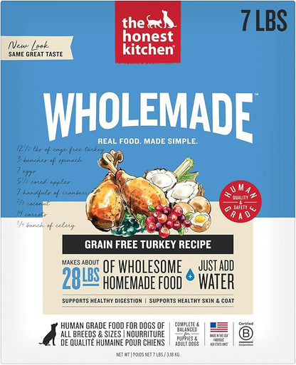 The Honest Kitchen Human Grade Wholemade™ Dehydrated Dog Food, Grain Free Dog Food, Turkey, 7 lb (makes 28lbs)