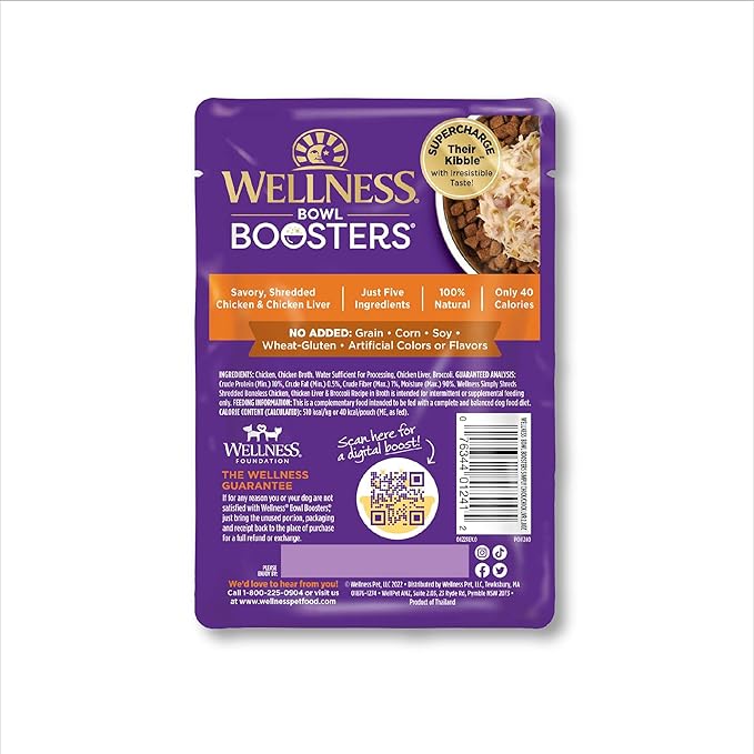 Wellness Bowl Boosters Simply Shreds Wet Dog Food Topper for Small,Medium,& Large Breeds,Grain Free,Natural,Chicken Liver & Broccoli,2.8 Ounce Pouch,(Pack of 24)