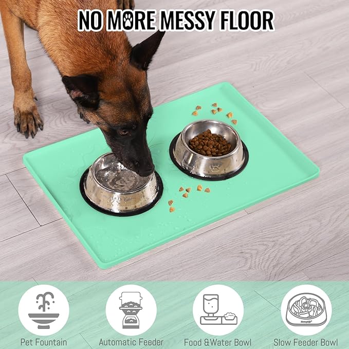 MateeyLife Dog & Cat Food Water Mat for Floors Waterproof, Nonslip Pets Bowl Feeding Mats with Raised Edges, Silicone Matt Tray for Messy Drinkers, 18"x12",MintGreen