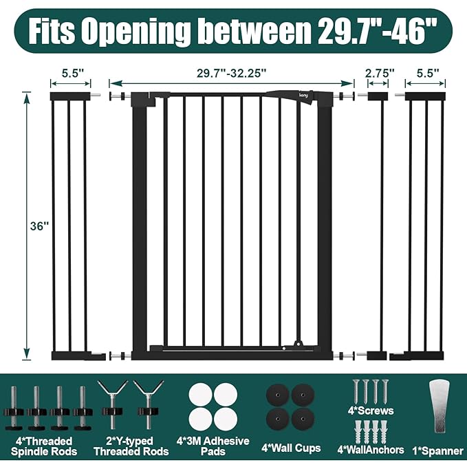 keny 36" Extra Tall Baby Gate for Doorways, Fits Openings 29.7" to 46" Wide, Auto Close Pressured Mounted Dog Gate for Stairs, No Drilling Easy Install Pet Gate, Black