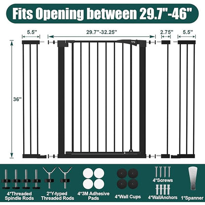 keny 36" Extra Tall Baby Gate for Doorways, Fits Openings 29.7" to 46" Wide, Auto Close Pressured Mounted Dog Gate for Stairs, No Drilling Easy Install Pet Gate, Black