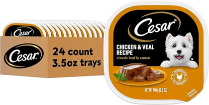 Cesar Classic Loaf in Sauce Adult Wet Dog Food Chicken & Veal, Wet Food for Dogs, 3.5 oz Easy Peel Trays, 24 Count