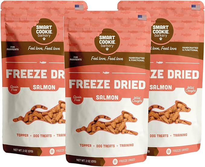 Smart Cookie Freeze Dried Salmon Bites - Single Ingredient Freeze Dried Treats for Dogs - Wild Caught Alaskan Salmon Dog Training Treats & Dog Food Topper - Made in USA - 2oz Bag, 3 Pack