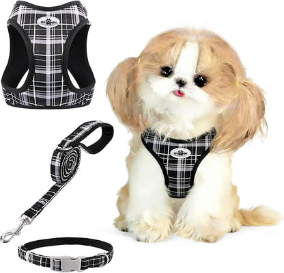 Gyuzh Small Cat Harness and Leash Set for Kitten & Puppy - 3-in-1 No Pull Step in Vest Collar, Lightweight Tactical Reflective Plaid, Padded Handle (Black, XS)