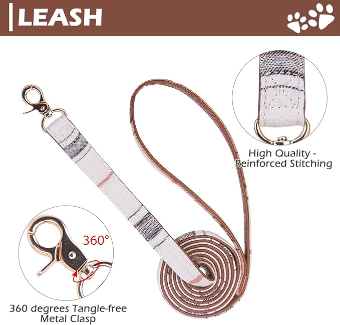 EXPAWLORER Puppy Collar and Leash - Embroidery Pawprints Plaid Small Dog Collars and Leash Set, Cute Bandana and Detachable Collar, Suitable for Small Dogs Cats Girl Boy, Cream S