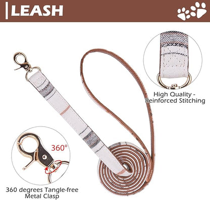 EXPAWLORER Dog Collar and Leash Set - Embroidery Pawprints Plaid Dog Leash and Collars, Cute Bandana and Detachable Collar, Suitable for Small Medium Dogs Girl Boy, Cream S-M