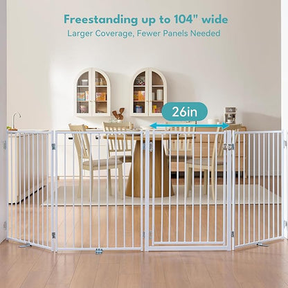 No Pawblems Free Standing Dog Gate with Door, 36'' Tall Foldable Dog Fence for Indoor & Outdoor, Up to 104 Inch Extra Wide Puppy Gate for Stairs, Hallways, Doorways, Deck, Yard (White, 4 Panels)