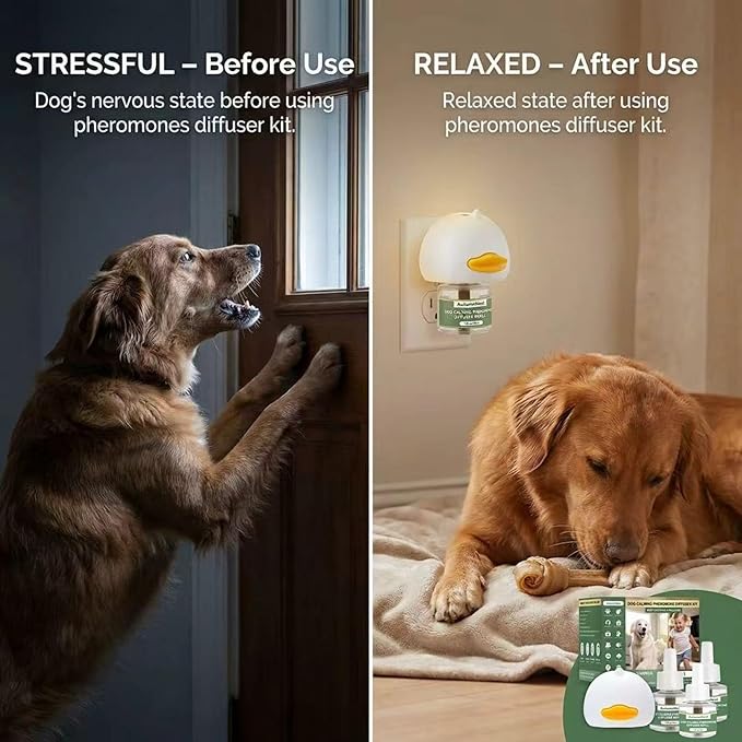 4-Pack Dog Calming Diffuser Kit (1 Diffuser + 3 Refills), Plug-in Pheromone Calming Diffuser for Dog, 90-Day Supply, Covers 700 sq ft, Safe & Odorless Stress Relief Solution, Promotes Relaxed Behavior