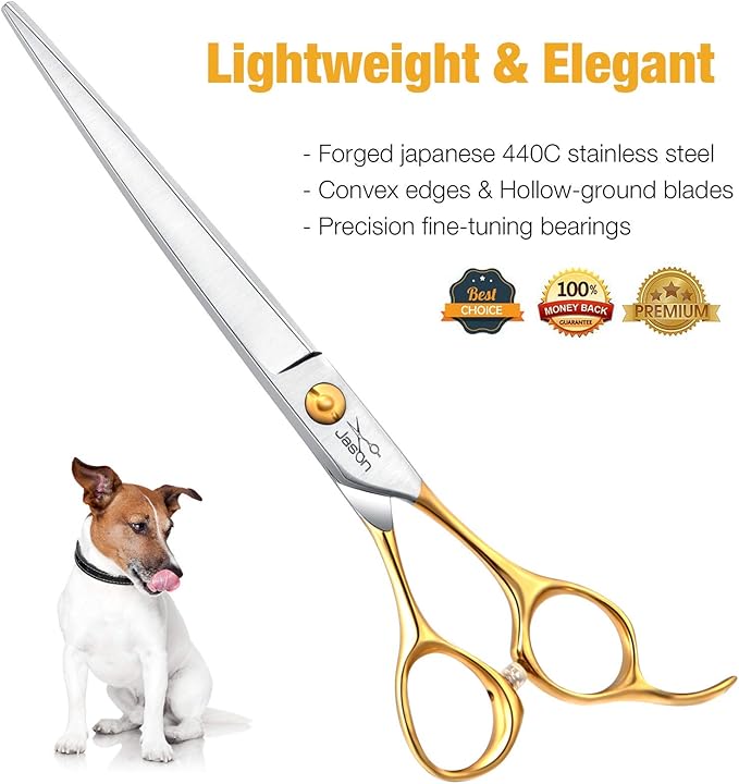 JASON Dog Grooming Scissors Shears - Cats Trimming Shears Professional Pets Scissor Kit for Right Handed Groomers Gold Sharp Shear Christmas Gift 7"