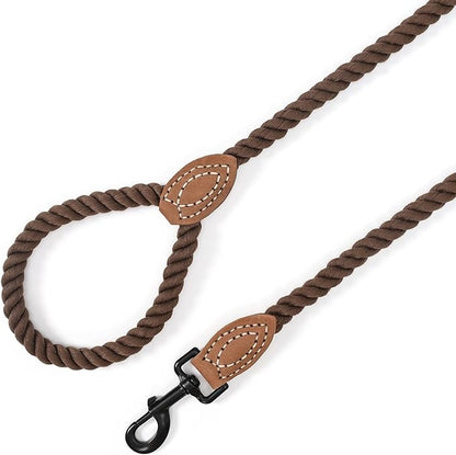 Mile High Life Dog Leash, Braided Cotton Rope Leashes with Leather Tip - Heavy Duty Metal Clasp, 6FT, 1/2" Thick - Wedding, Walking & Training Leash for Small Medium Large Dogs (Dark Brown)
