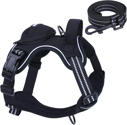 No Pull Dog Harness for Medium Dogs, Adjustable No Choke Pet Vest with Dog Leash Fit Smart Reflective Pet Walking Harness for Training Easy Control Soft Handle Black S