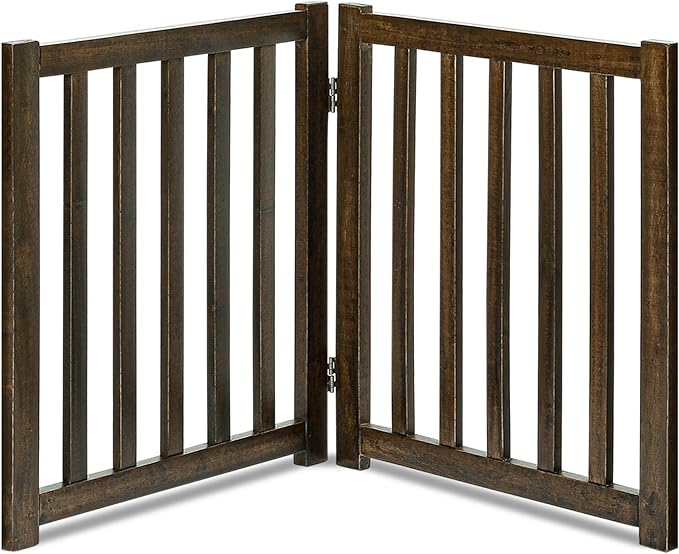 LZRS 2-Panel Wooden Free Standing Foldable Dog Gate Indoor – Solid Hardwood 24" High, Step-Over Safety Pet Gate for Doorways, Stairs & Small Spaces - Indoor Use, Walnut