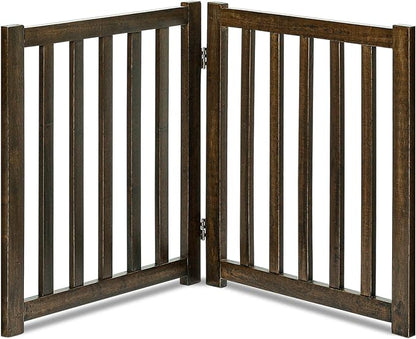 LZRS 2-Panel Wooden Free Standing Foldable Dog Gate Indoor – Solid Hardwood 24" High, Step-Over Safety Pet Gate for Doorways, Stairs & Small Spaces - Indoor Use, Walnut