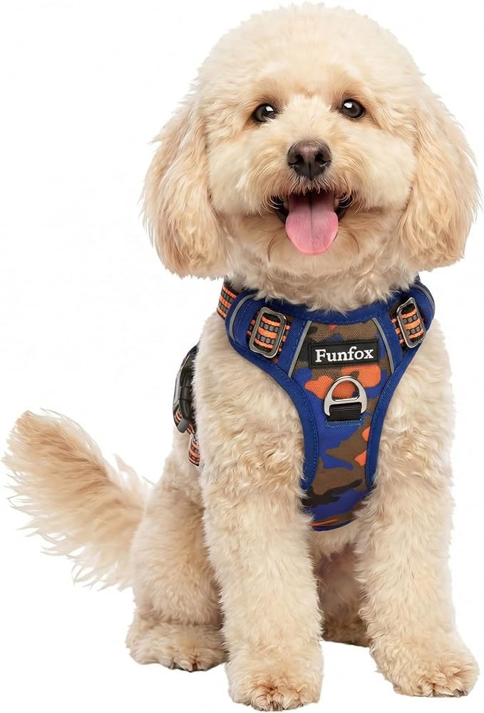 Funfox Dog Harness No Pull, Adjustable Pet Vest Harness, Super Soft Material with Vertical Handle Easy Control, Reflective Night Walking, 2 Leash Clips for Small Sized Dogs, Camo Orange, S