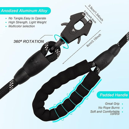 GEIT 2/4/5/6FT Dog Leash, Heavy Duty Rope Leashes, Reflective Nylon Pet Lead with Aluminum Quick Release/Locking Tactical Frog Clip for Small Medium and Large Dogs, Black, 1/2 inch