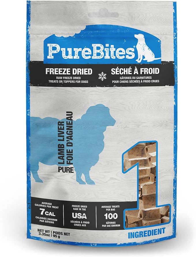 PureBites Lamb Liver Freeze Dried Dog Treats, 1 Ingredient, Made in USA, 3.35oz