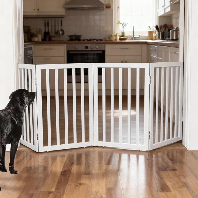 ZJSF Freestanding Indoor Dog Gate for House Foldable Wood Grey Puppy Gate for Doorways Pet Gate for Stairs Extra Wide Pet Fence 32" Height 4 Panels