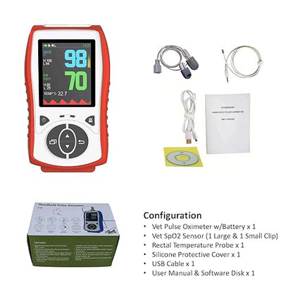 Vet Pulse Oximeter Handheld Oximeter with 2.8" LCD, Pet Vital Signs Monitor for SpO2 / Heart Rate/TEMP, Rechargeable Battery - Veterinary Use for Dogs, Cats, Horses (Orange Case)