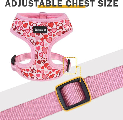 SCENEREAL Valentines Dog Harness Collar and Leash Set for Small Dogs, Soft Mesh Harnesses，Pet Vest for Outdoor Walking Training and Running, XS