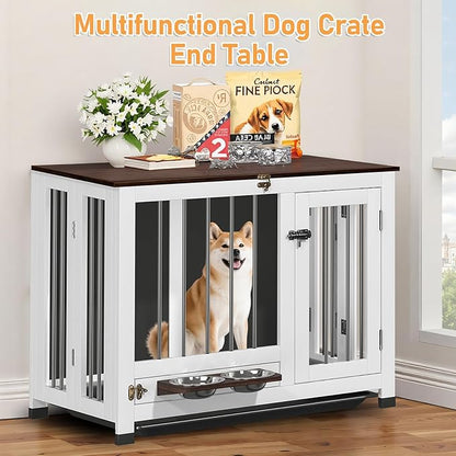 39.4" Dog Crate - Wooden Dog Cage Furniture with Removable Tray & 360° Rotating Feeder | Indoor Sturdy End Table for Medium & Large Dogs | Easy Assembly, White Dog Kennel for Living Room