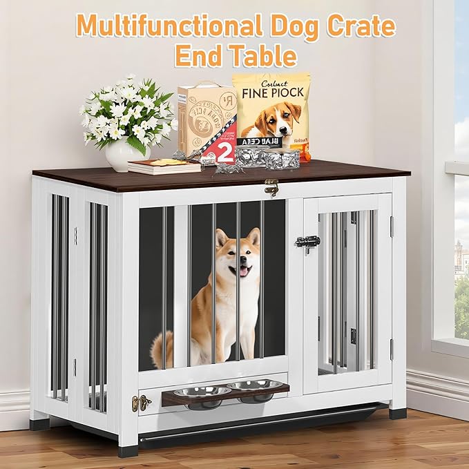 31.5" Dog Crate Furniture - Indoor Wooden Kennel with 360° Rotating Feeder | Multi-Functional End Table for Small & Medium Dogs | Portable Pet Cage with Removable Tray & Easy Assembly