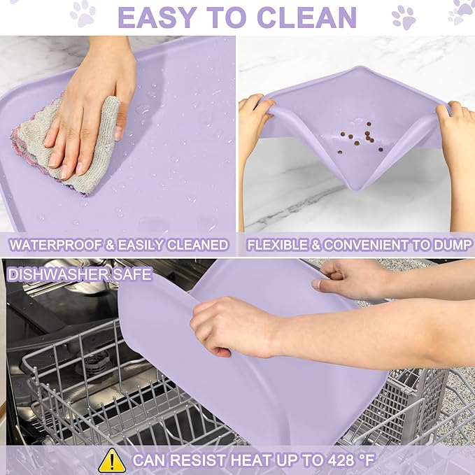 Smilool Silicone Pet Food Mat with Raised Edge for Food and Water Bowl, Dog Feeding Mats, Cat Food Trays for Floor Waterproof, Rubber Tray for Dogs and Cats, 19 x 12 x 0.7 Light Purple