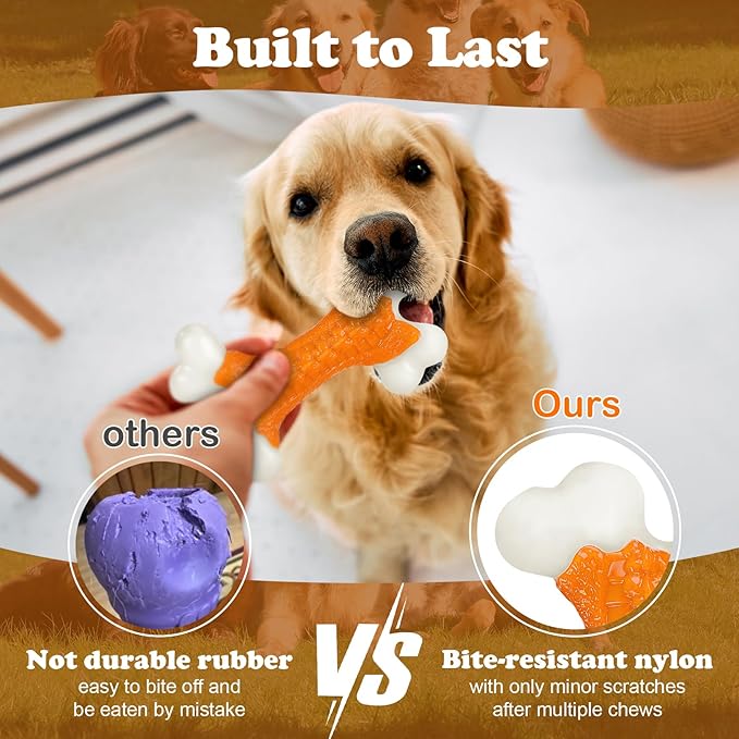 Kseroo 2-Pack Indestructible Dog Toys for Aggressive Chewers: Peanut Butter Flavored Hard Nylon Bone Chew Toys, Tough Dog Chew Toys, Dog Toys to Keep Them Busy for Medium Large Dogs, Orange