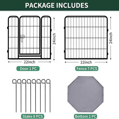 PETIME Dog Playpen,Metal Exercise Puppy Pen Heavy Duty Kennels Yard Fence Indoor/Outdoor 22" W x 24" H 8 Panels Dog Cage with Octagon Bottom Pad