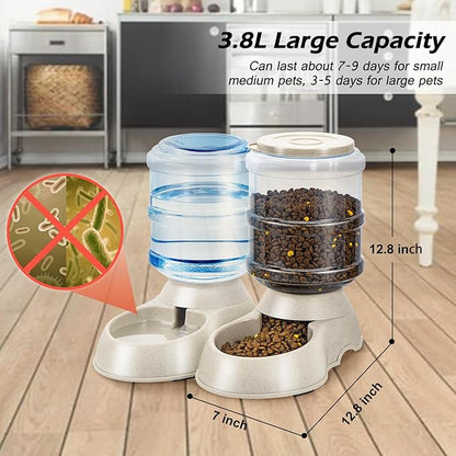 2 Pack Automatic Cat Feeder and Water Dispenser in Set Pet Food Bowl for Small Medium Dog Pets Puppy Kitten Big Capacity 1 Gallon x 2 (Cream)