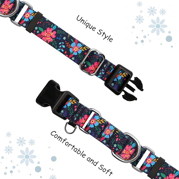 Martingale Collar for Dogs Floral Dog Collars for Small Medium Large Dogs with Buckle Adjustable Soft Nylon Dog Collar (Blue Pink Flower, Medium)