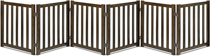 LZRS 6-Panel Extra-Wide Freestanding Wooden Dog Gate Indoor – 24”High Foldable Safety Pet Barrier for Doorways, Hallways, Kitchens, Durable Design fit Small to Medium Dogs, Walnutl