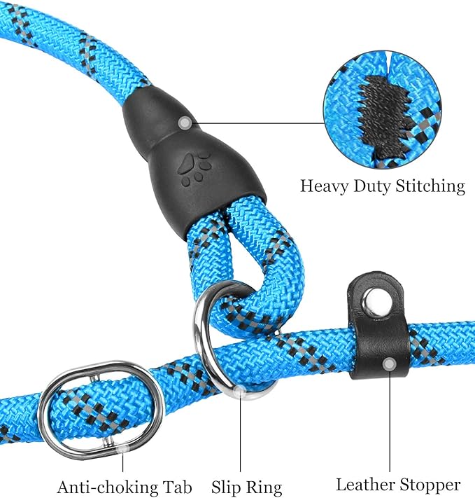 TagME 6ft Slip Dog Lead, No Pull Reflective Training Leash with Padded Handle, Professional Rope P-Leash for Small Medium Large Dogs, Heavy Duty Correction Lead for Walking & Training (Blue)