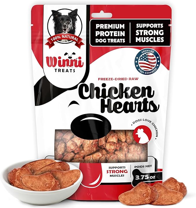 Winni Treats Freeze Dried Chicken Hearts for Dogs - Single Ingredient, Preservative-Free, Premium Chicken Hearts, High in Protein for Strong Muscles, Low in Fat, Healthy Dog Treats (3.75 Ounces)