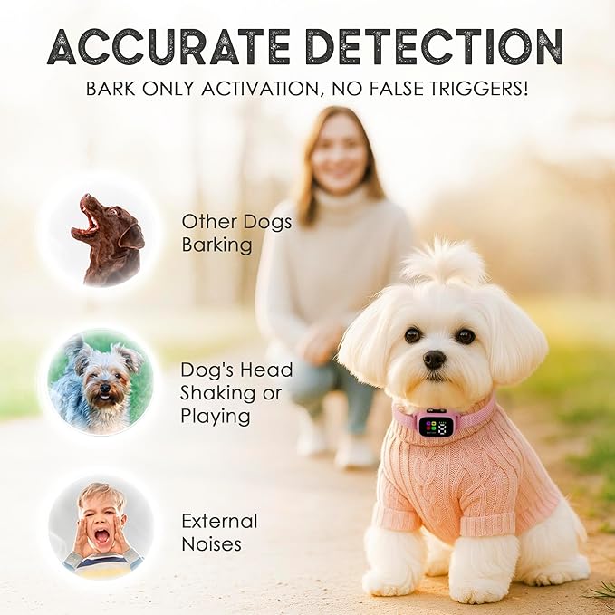 Tiny Bark Collar for Small Dogs 5-15 lbs and Puppies - No Shock Anti Barking Collar - Rechargeable Smart Collar for Dog Training with 7 Sensitivity Levels and 3 Beep&Vibration Modes (Pure Pink)