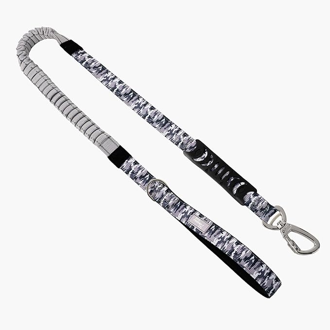 Dog Friendly Co. Bungee Dog Leash | Strain Free & Shock Resistant for Control | Neoprene Padded Handle, Heavy-Duty Carabiner Clip, and D-Ring | Grey Camo, Size Small