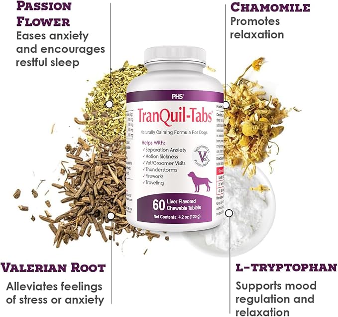 TranQuil-Tabs for Dogs - Contains Chamomile, L-Tryptophan, and Melatonin - Relieves Stress and Tension - Ease Travel and Separation Anxiety - 60 Tabs