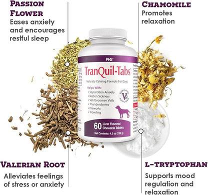 TranQuil-Tabs for Dogs - Contains Chamomile, L-Tryptophan, and Melatonin - Relieves Stress and Tension - Ease Travel and Separation Anxiety - 60 Tabs