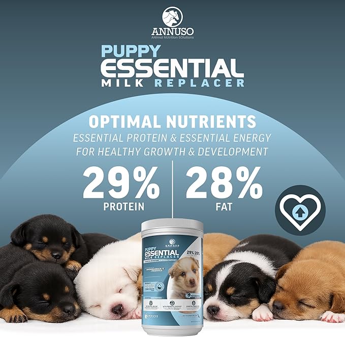 ANNUSO Puppy Essential Milk Replacer, 12oz - 29% Protein & 28% Fat - Complete Nutrition with Probiotics & Key Nutrients, Supports Immunity & Digestion - Easy-Mix Powder