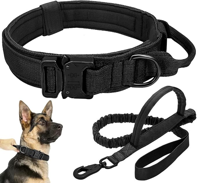 Tactical Dog Collar Leash Set, Adjustable Military Training Nylon Collar Dog Training with Control Handleand Metal Buckle, Dog Collar for Medium Large Dogs (Black,L)