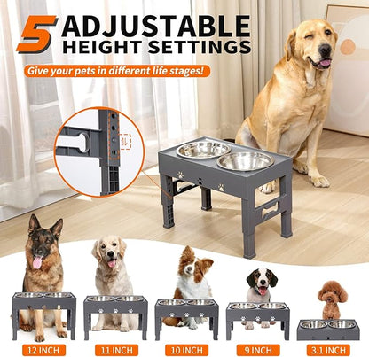 Elevated Dog Bowls with 2 Stainless Steel Bowls, 5-Height Adjustable Stand (3.1", 9" to 12"), for Improved Digestion & Neck Support, Easy Clean, Non-Slip Base Raised Feeder for Medium Large Dogs