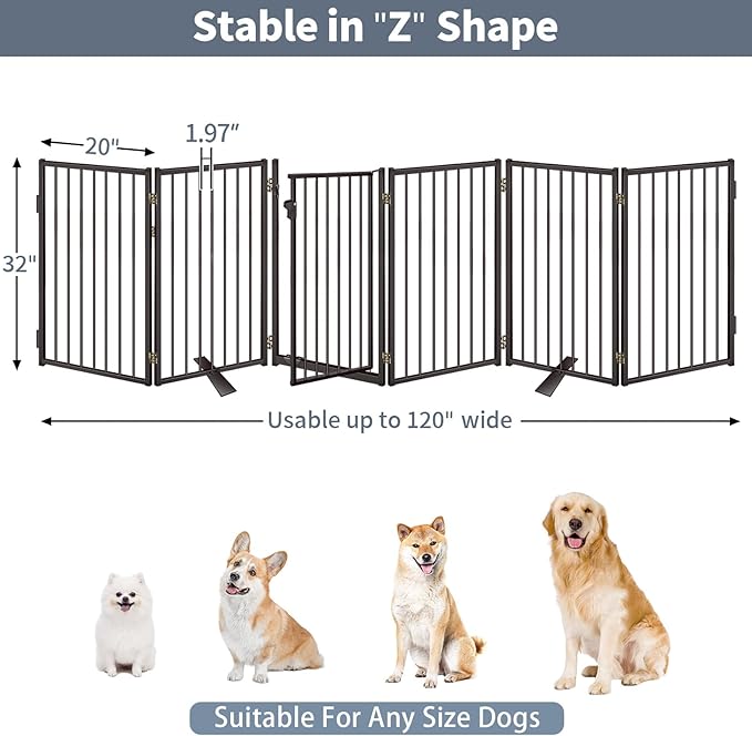 Metal Freestanding Dog Gates with Door for Outdoor Indoor,120'' Extra Wide 32'' Tall Free Standing Dog Gate for Doorways,Large Openings,Deck,Yard,Porch,Foldable Pet Fence(Black,6 Panels)