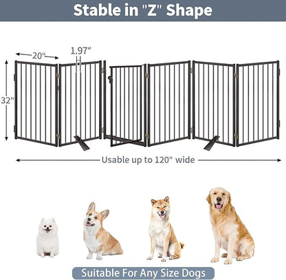 Metal Freestanding Dog Gates with Door for Outdoor Indoor,120'' Extra Wide 32'' Tall Free Standing Dog Gate for Doorways,Large Openings,Deck,Yard,Porch,Foldable Pet Fence(Black,6 Panels)