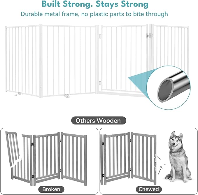 No Pawblems Free Standing Dog Gate with Door, 36'' Tall Foldable Dog Fence for Indoor & Outdoor, Up to 78 Inch Extra Wide Puppy Gate for Stairs, Hallways, Doorways, Deck, Yard (White, 3 Panels)