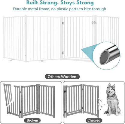 No Pawblems Free Standing Dog Gate with Door, 36'' Tall Foldable Dog Fence for Indoor & Outdoor, Up to 104 Inch Extra Wide Puppy Gate for Stairs, Hallways, Doorways, Deck, Yard (White, 4 Panels)