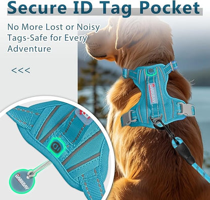 BARKBAY Dog Harness No Pull Oxford with ID Tag Pocket - Heavy Duty, Reflective, Easy Control for Large Dogs(Aqua Oxford,M)