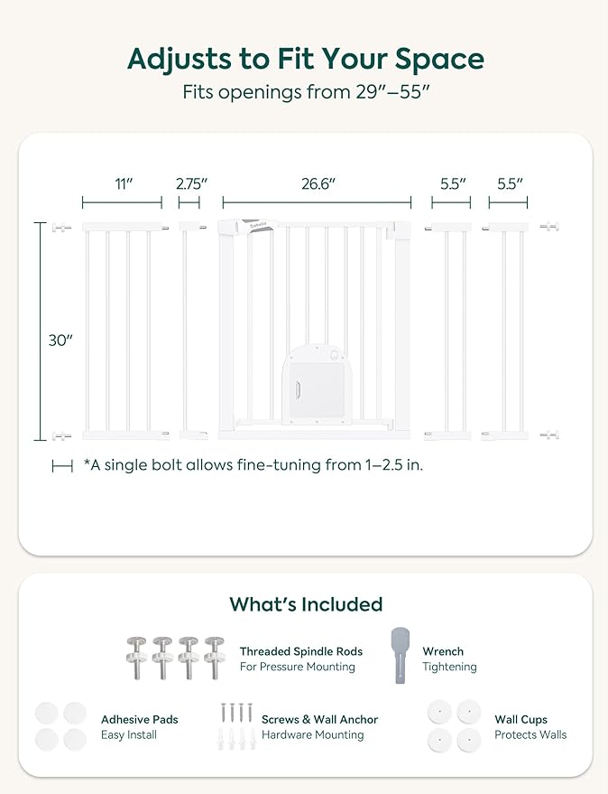 Babelio Baby Gate with Cat Door, CatPrivilege Ⅲ, Extra Wide 29-55" Cat Gate, 30" Tall Pressure Mounted Safety Gate for Large Openings, Stairs & Doorways, Auto Close, White