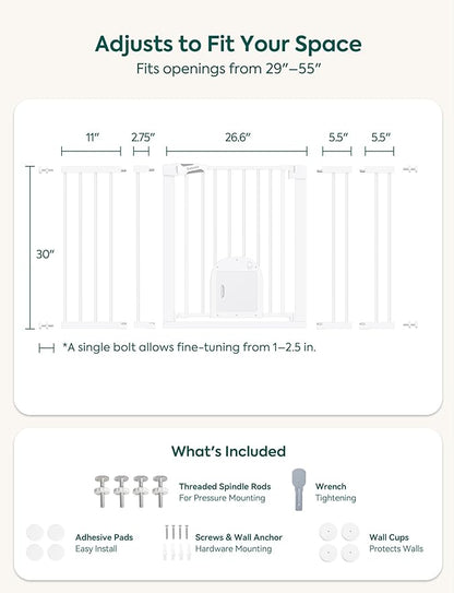Babelio Baby Gate with Cat Door, CatPrivilege Ⅲ, Extra Wide 29-55" Cat Gate, 30" Tall Pressure Mounted Safety Gate for Large Openings, Stairs & Doorways, Auto Close, White