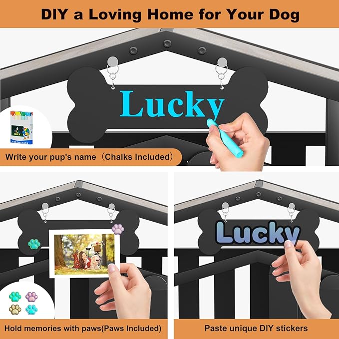EasyCom 41“ Heavy Duty Dog Crate Furniture, Dogs Kennel Indoor with 360° Wheels, Decorative Dog Kennels for Medium Dogs, Dog Crate with Feeding Window and Name Tag, Dog House, Oak Grey