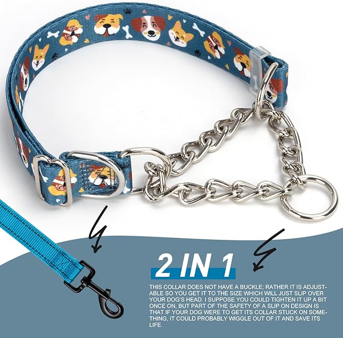 Martingale Collar with Chain, Cute Dog Design Pattern Choke Collar for Medium & Large Dogs (XL)